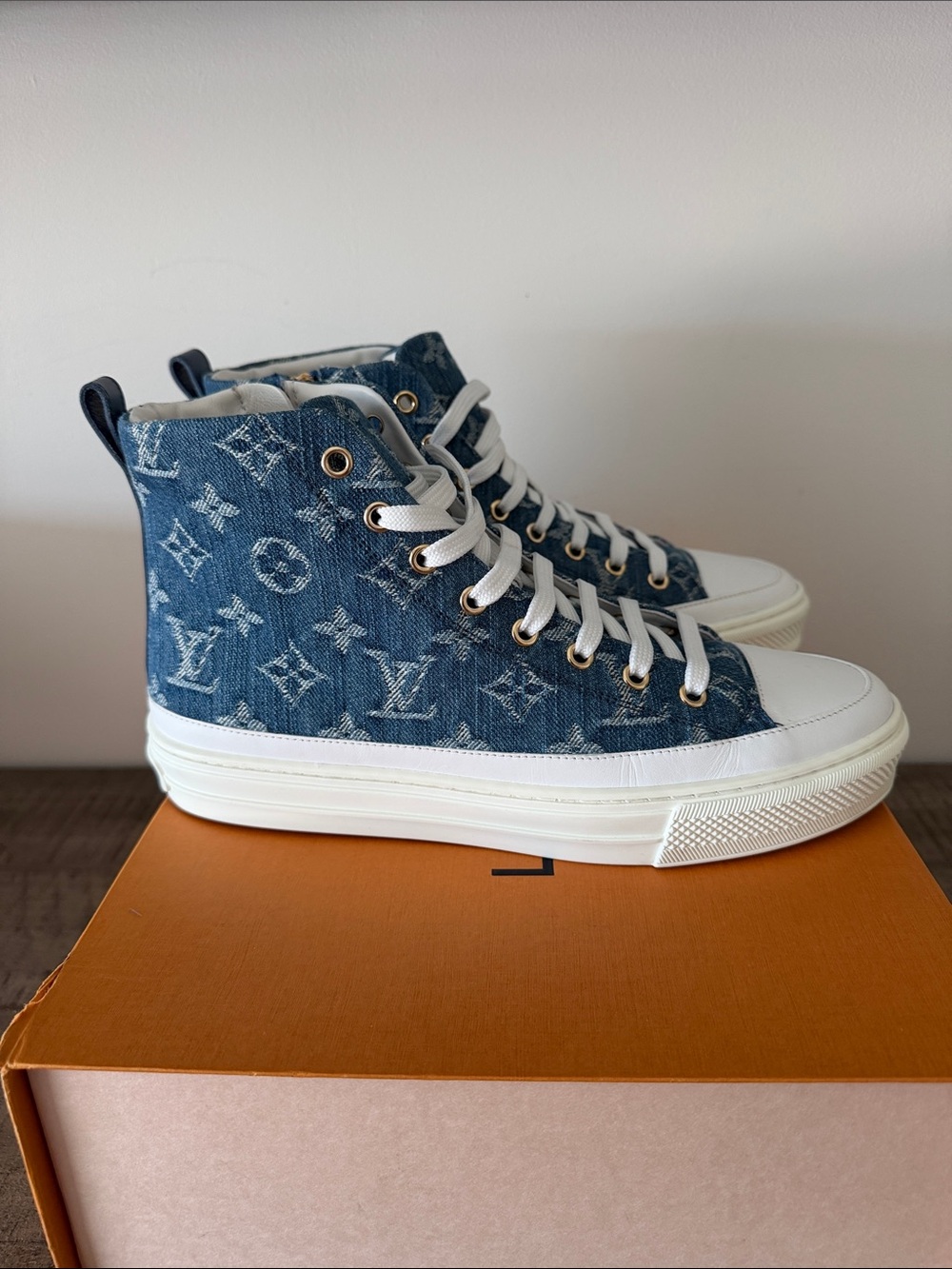 Louis Vuitton Blue Denim Monogram High-Top Sneakers - Picture 3 of 14